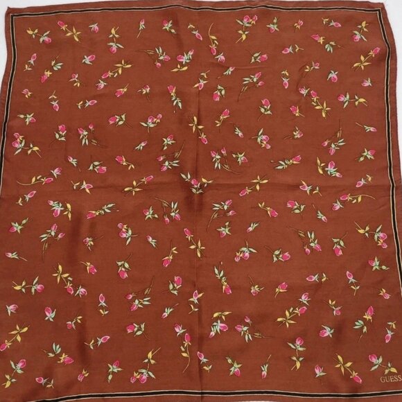 Guess Flower Pattern Brown Silk Square Scarf - Picture 4 of 7